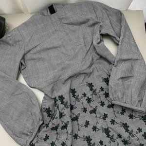 Zara Plaid Dark Academia Long sleeve dress with Green Embroidery Large